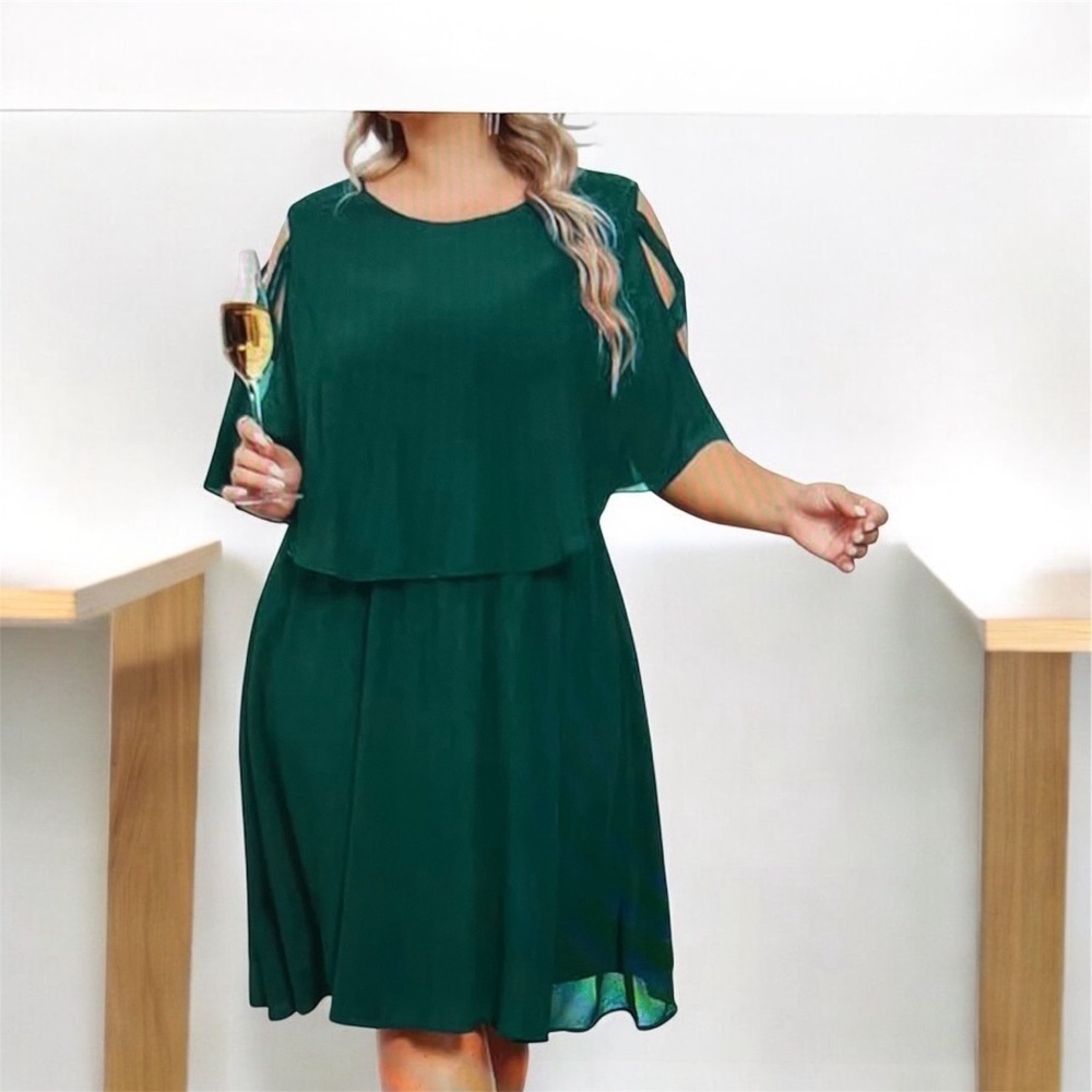 Plus-Size Deep Green Midi Dress with Layered Top